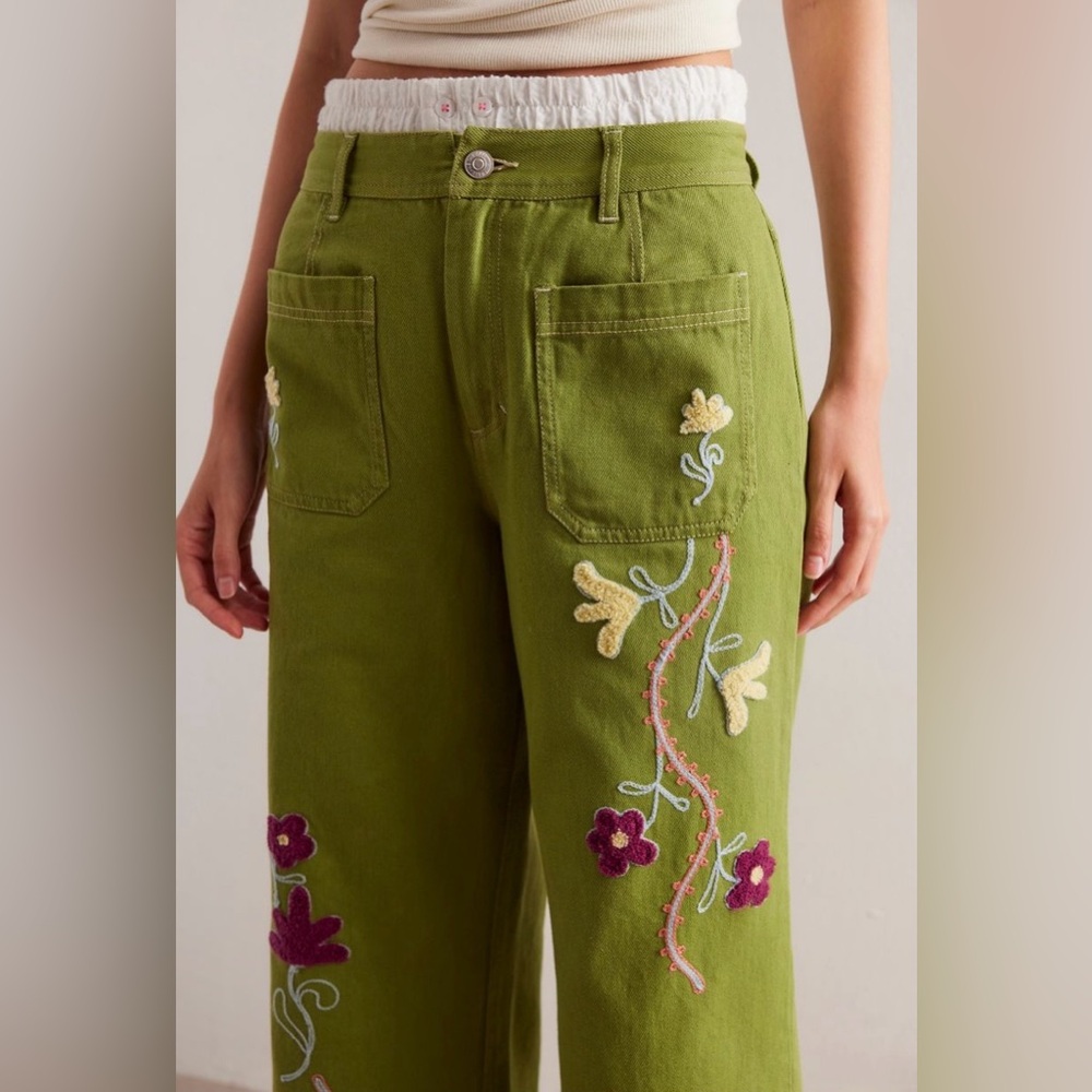 We The Free Olive Green Cropped Embroidered Jeans